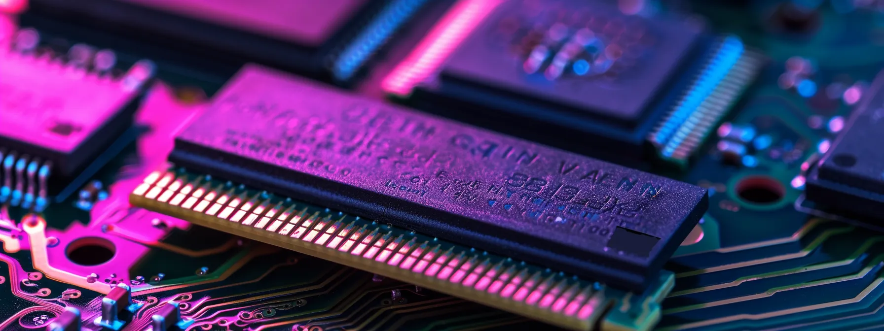 a dynamic close-up of advanced flash memory chips displayed against a sleek, high-tech background, illuminated by soft, blue led lights to emphasize their intricate circuitry and design innovation.
