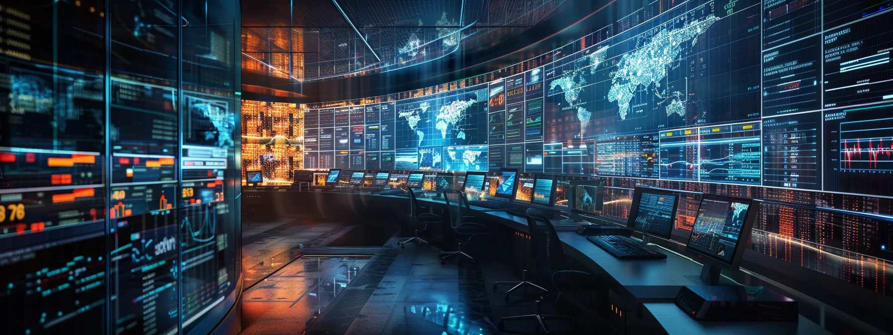 a dynamic, contrasting scene featuring a sleek, modern control room filled with vibrant data visualizations and an array of screens, symbolizing the complex challenges of predictive analytics in industries like healthcare and insurance.