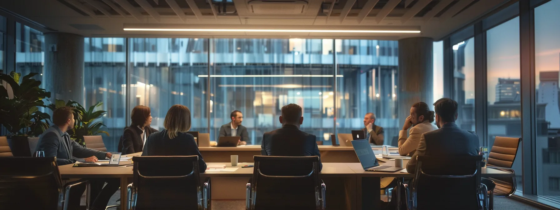 a dynamic corporate boardroom infused with soft, ambient lighting, showcasing a diverse group of professionals engaged in a collaborative discussion, symbolizing the strategic benefits of effective risk management for sustainable growth and innovation.