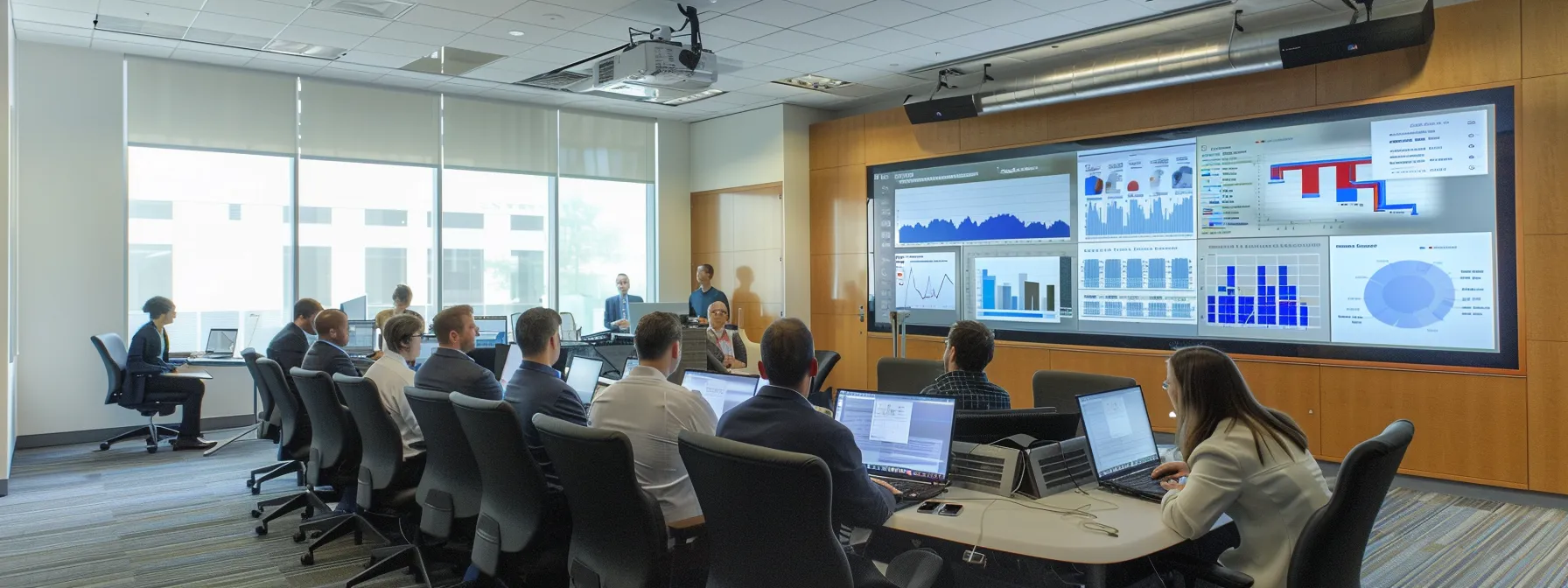 a dynamic corporate environment depicts an engaged team collaborating around a digital dashboard, showcasing visual analytics and futuristic flowcharts that symbolize the transformative power of business process management.