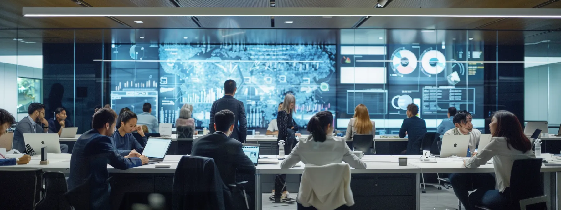 a dynamic corporate office space filled with light, showcasing a diverse team engaged in a collaborative digital transformation strategy session, surrounded by modern technology and cloud-based displays that represent efficiency and innovation.