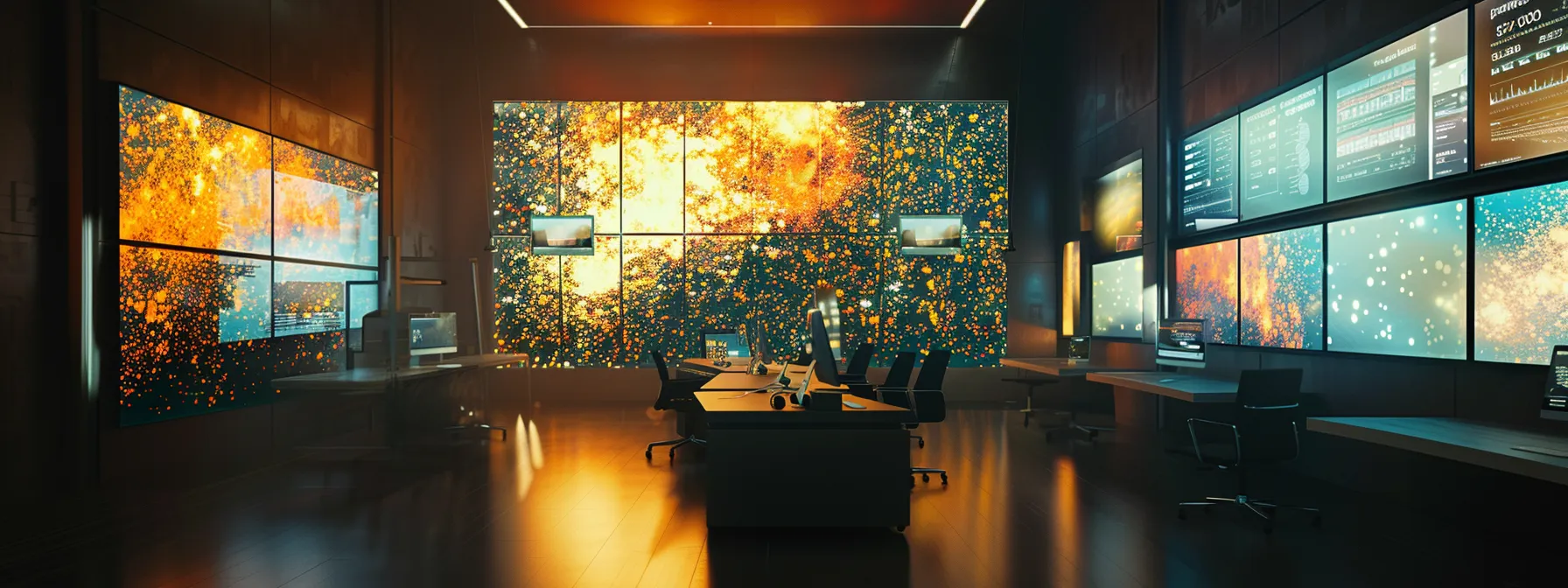 a dynamic digital workspace bursts with vibrant visuals of ai algorithms and data analytics, illustrating the transformative impact of generative ai on modern content marketing strategies.