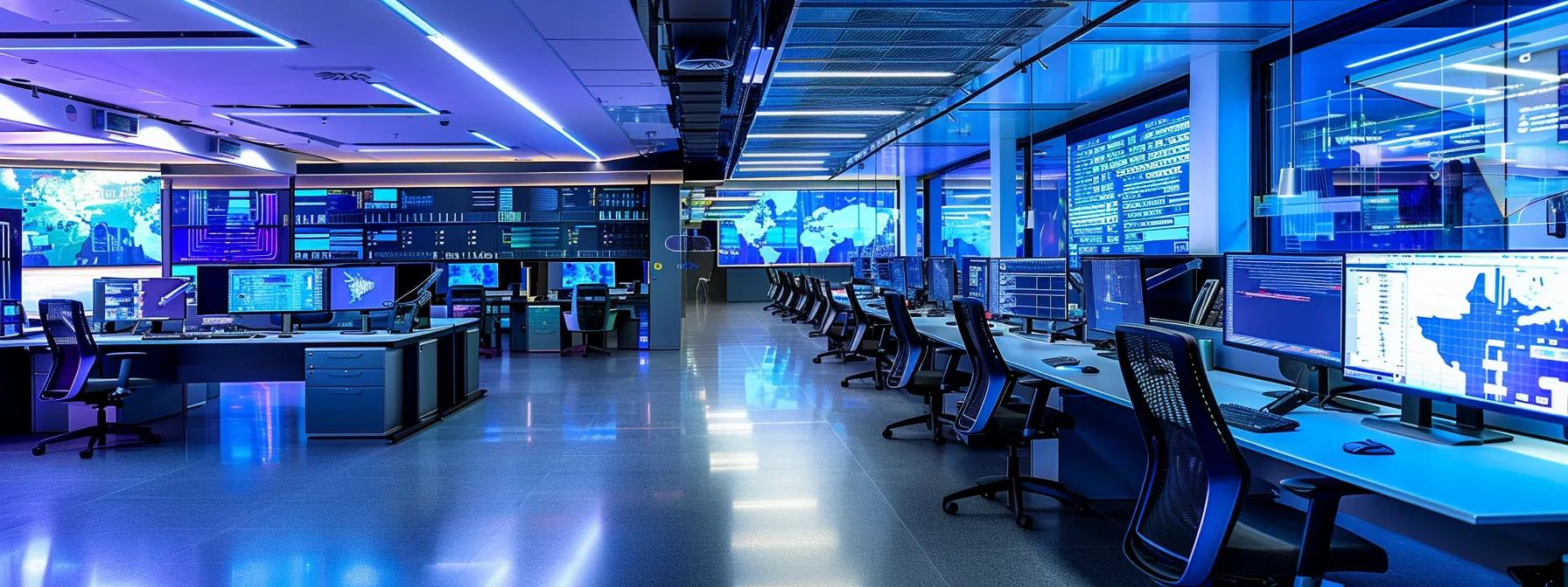a dynamic, futuristic office space filled with sleek technology interfaces and vibrant data visualizations, symbolizing the powerful impact of predictive analytics on enterprise decision-making and strategy.