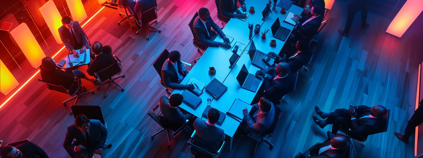 a dynamic high-angle view captures a bustling corporate workshop where diverse professionals engage in strategic discussions, surrounded by visual aids illustrating risk management processes and frameworks, under warm, focused lighting that enhances an atmosphere of collaboration and proactive planning.