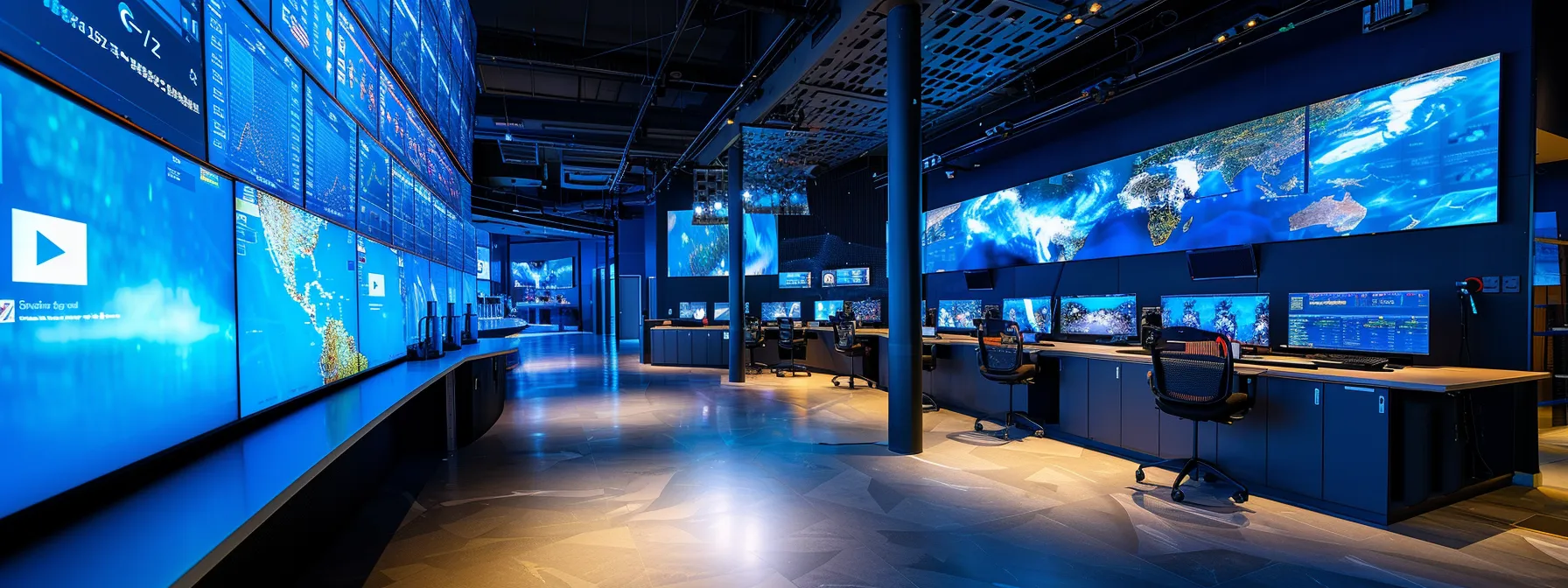What Is NetOps? A Comprehensive Overview 12 a dynamic, high-tech network operations center bathed in cool blue hues, showcasing large digital screens filled with real-time data visualizations and analytics, symbolizing the transformative power of netops in modern enterprises.