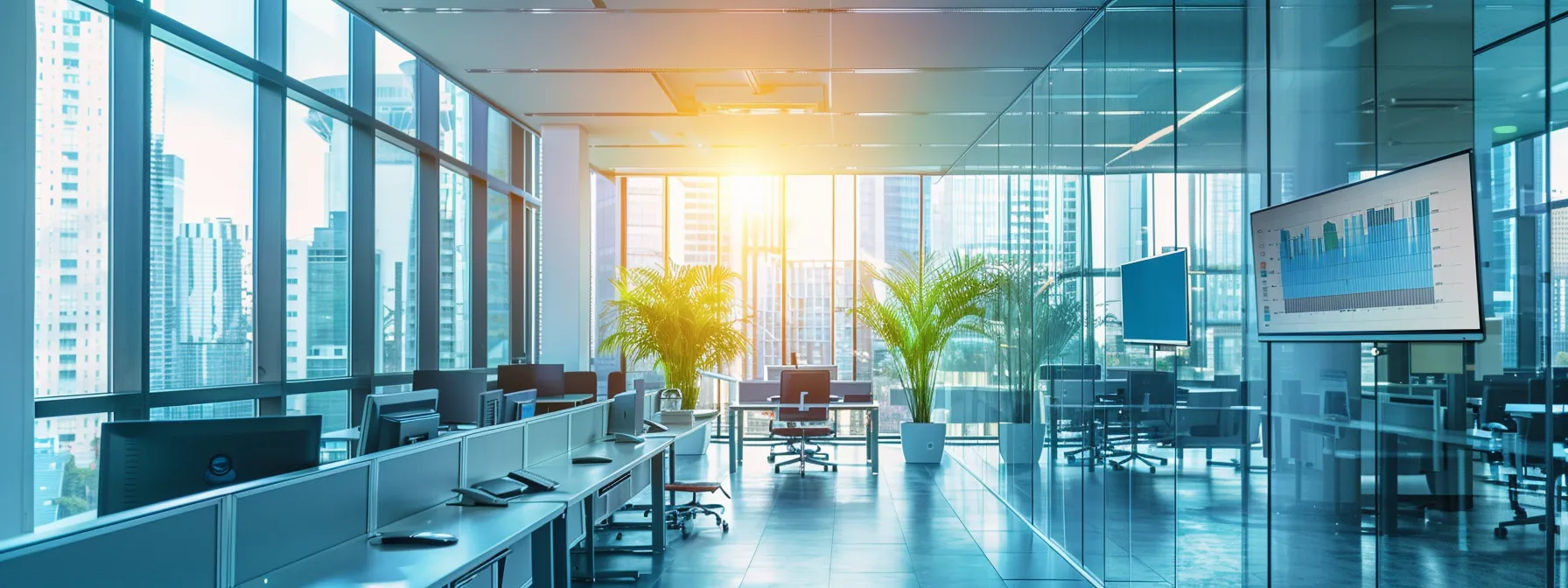 a dynamic, high-tech office setting filled with sleek digital dashboards and vibrant screens, showcasing advanced software solutions seamlessly optimizing business processes in real-time.