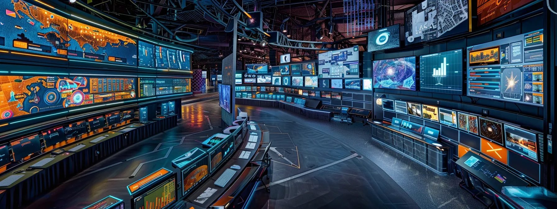 a dynamic, high-tech control center bustling with activity, showcasing large screens filled with colorful graphs and data visualizations that represent real-time application performance monitoring and predictive analytics in a sleek, futuristic environment.