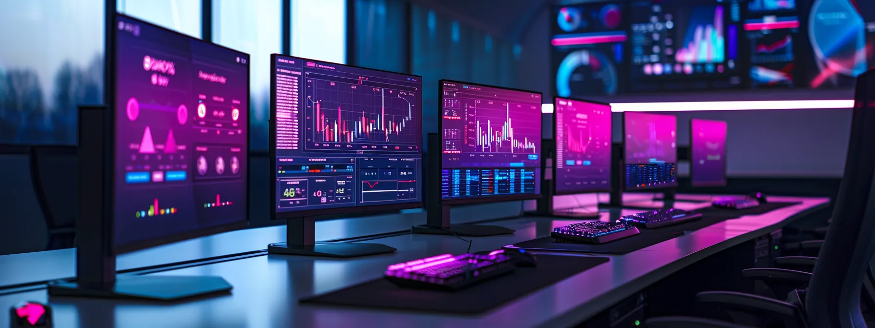 a dynamic it workspace featuring sleek desktops with vibrant screens displaying real-time performance metrics, illuminated by soft, warm lighting to create an inviting yet professional environment focused on streamlined productivity and security.