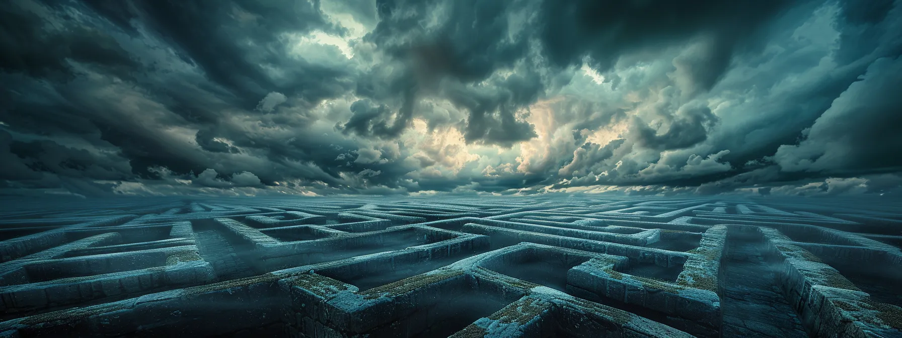 a dynamic landscape illustrating a stormy sky above a labyrinth of complex data pathways, symbolizing the challenges of ipaas implementation and integration hurdles in a vivid, atmospheric composition.