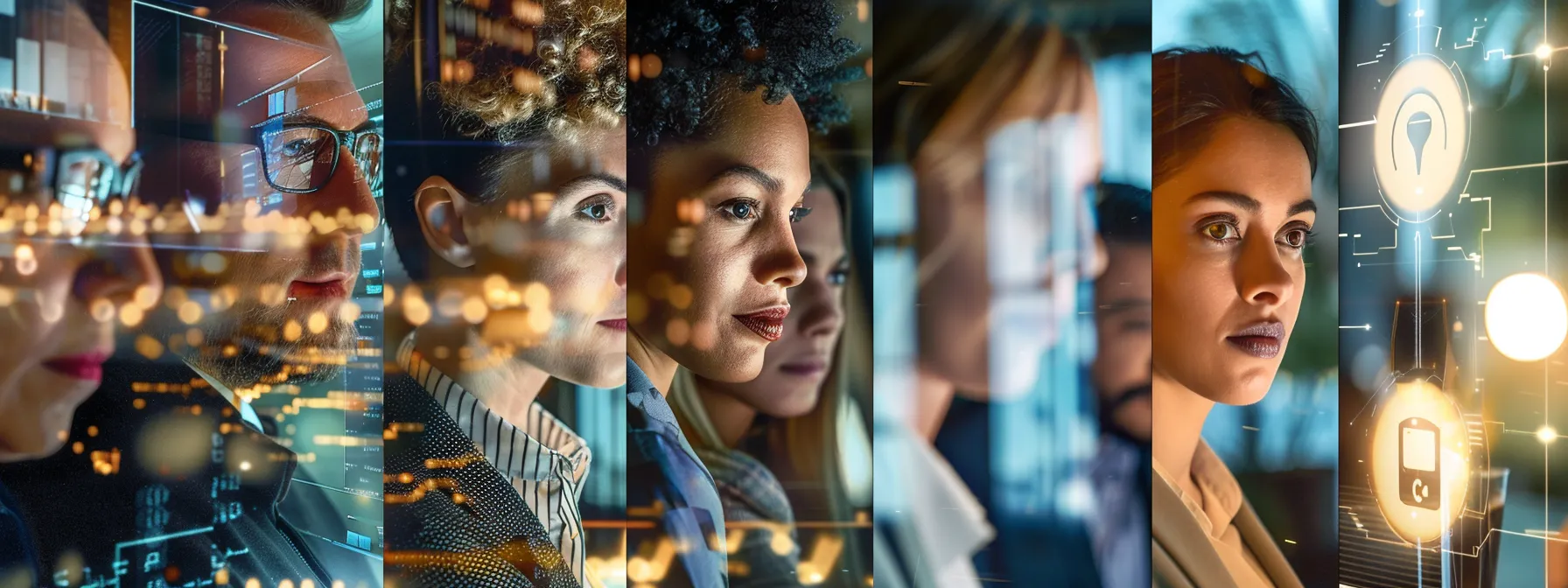 a dynamic montage of diverse professionals collaborating around a digital data security hub, illuminated by soft, focused lighting that highlights effective data protection strategies and compliance practices in a modern office setting.