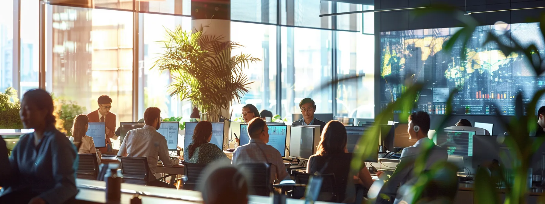 a dynamic office environment bustling with diverse employees engaged in collaborative discussions around large data screens, illuminated by bright natural light that emphasizes their focus on cultivating a data-driven culture.