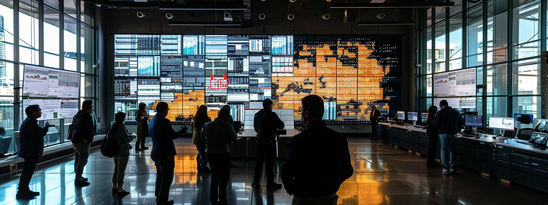 a dynamic office environment filled with professionals collaborating around a large digital display, showcasing a vibrant sd-wan network visualization that emphasizes enhanced performance and security in modern business infrastructure.