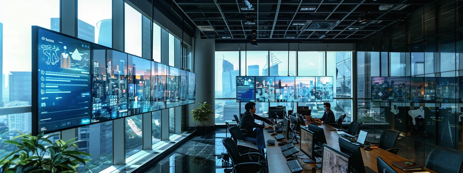 a dynamic office environment showcases employees engaged in augmented reality training sessions, surrounded by digital screens displaying real-time data management systems, symbolizing the essence of digital transformation in modern businesses.