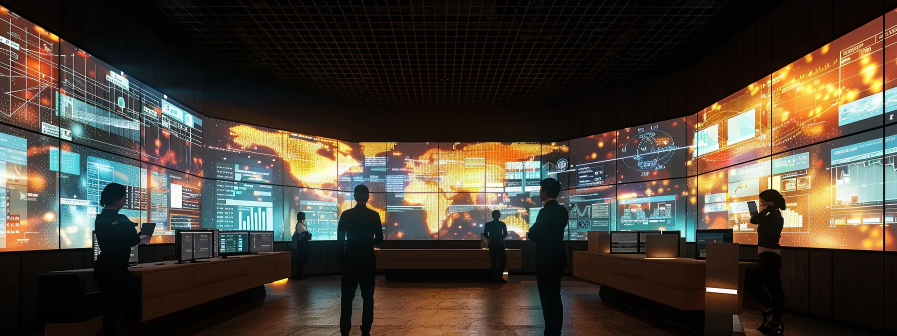 a dynamic office environment showcases a group of professionals collaborating around a large digital dashboard, visually analyzing streamlined workflows and flowcharts that symbolize enhanced efficiency and operational excellence in business process management.