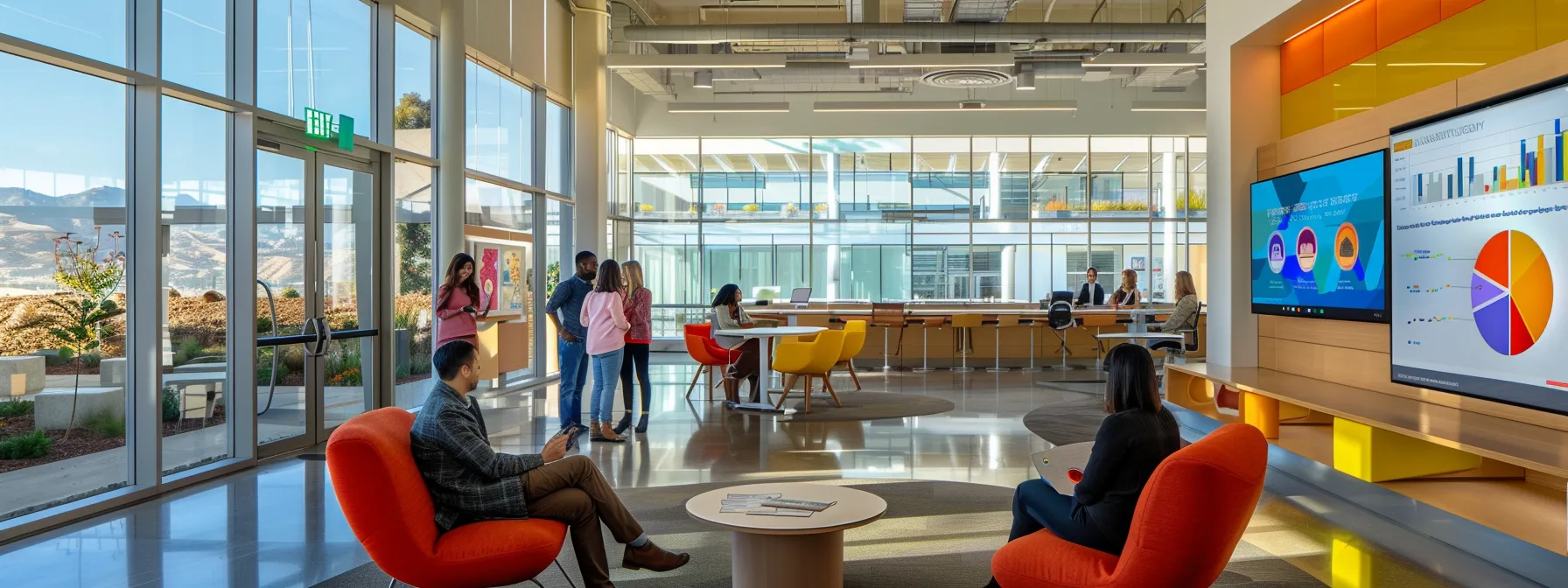 a dynamic office environment showcases a diverse team engaged in a vibrant brainstorming session, surrounded by charts and graphs reflecting key performance indicators for talent acquisition success.