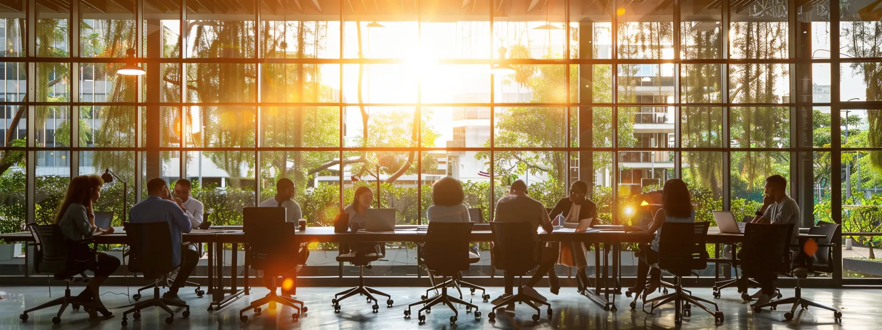 Understanding UCaaS: A Comprehensive Guide to Unified Communications as a Service 17 a dynamic office environment showcasing a diverse team collaborating seamlessly using advanced communication technology, illuminated by natural light filtering through large windows.