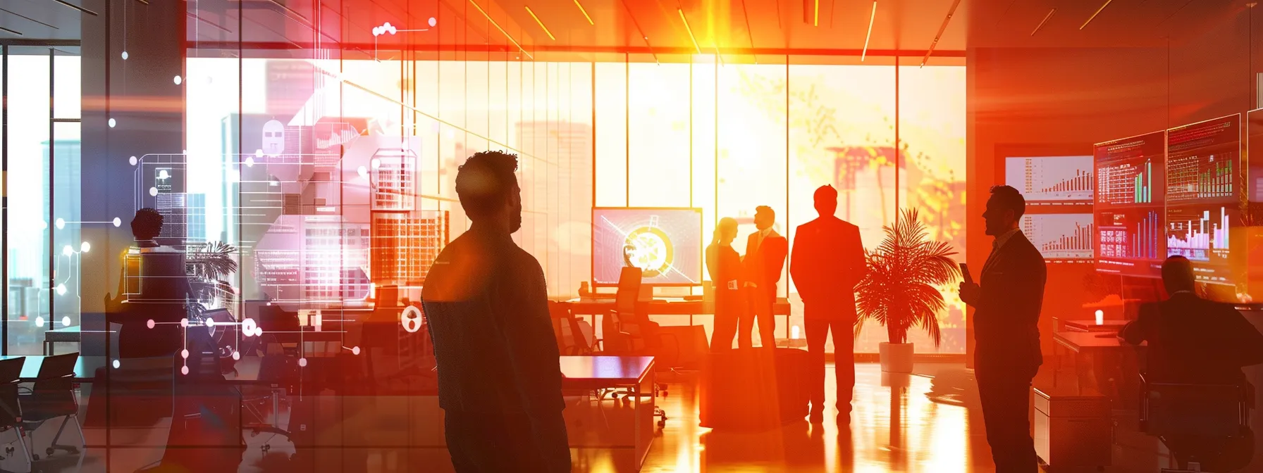 a dynamic office environment showcases a diverse group of professionals collaboratively discussing strategic talent acquisition, with vibrant visuals of engaging job descriptions and analytics displayed on modern screens, illuminated by warm, natural light streaming through large windows.