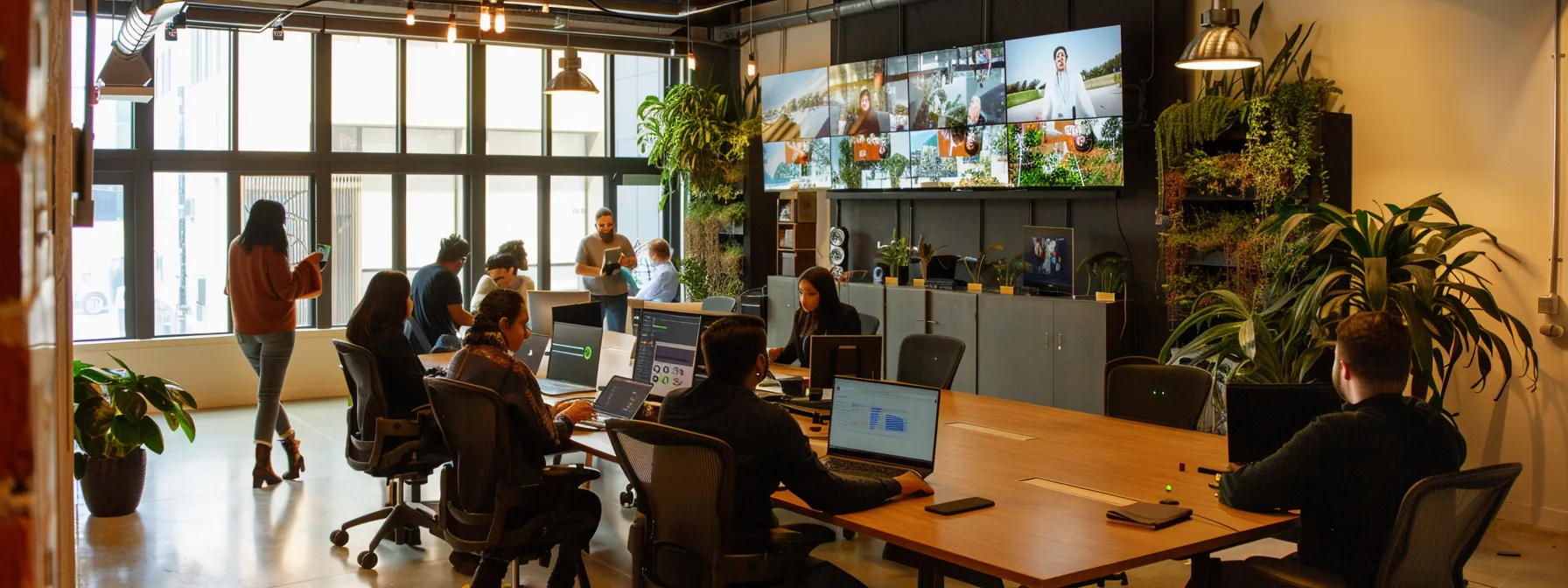a dynamic office environment with a diverse team engaged in analyzing complex data visualizations on large screens, illuminated by soft, focused lighting to highlight their collaboration and strategic discussions on predictive analytics.