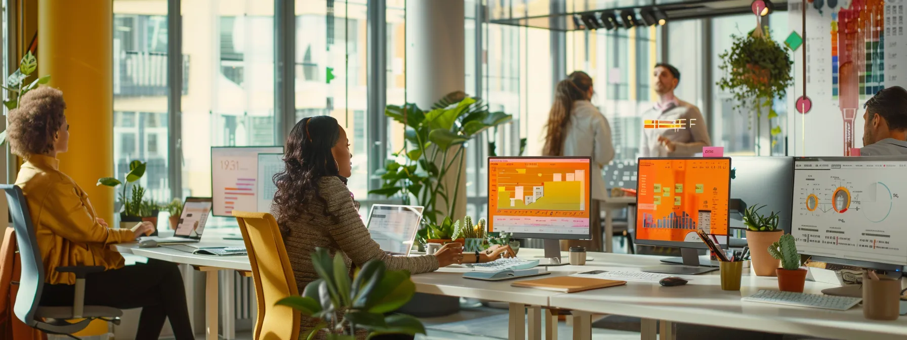 a dynamic office setting showcases professionals analyzing vibrant data visualizations on large screens, symbolizing the impactful measurement and financial benefits of digital transformation initiatives.