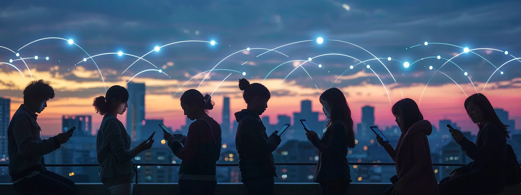 a dynamic urban landscape at dusk showcases glowing smartphones and laptops in use by diverse individuals, interconnected wirelessly through vibrant digital signals illuminating the skyline, symbolizing the vital role of wireless communications in modern connectivity.