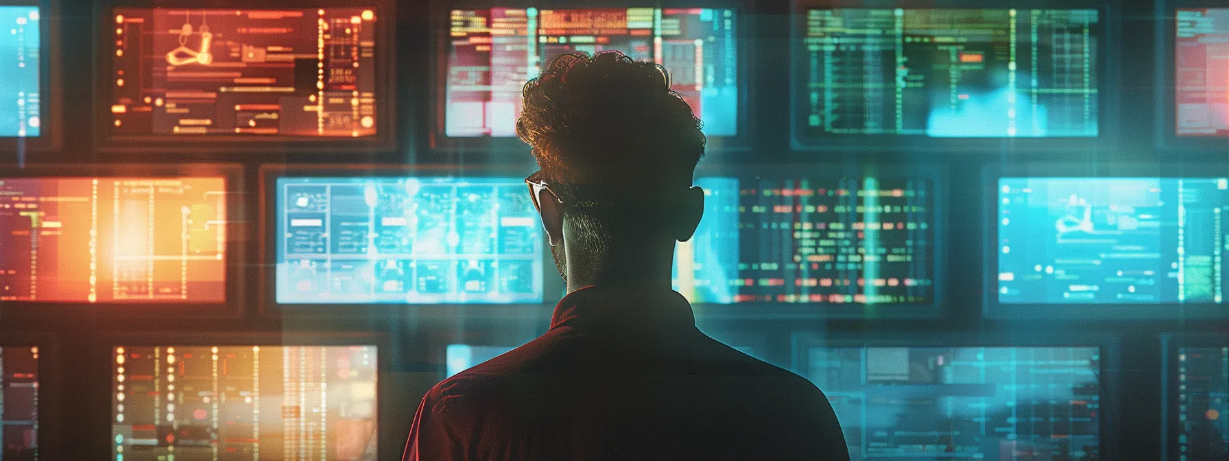 a focused data security professional analyzes complex digital data on multiple screens, surrounded by glowing code patterns and encrypted files, highlighting the critical importance of safeguarding sensitive information in a high-tech environment.