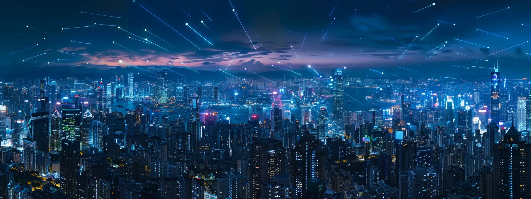 a futuristic cityscape pulsates with vibrant 5g signals and interconnected iot devices, illuminating the night sky with brilliant hues of blue and green, symbolizing the transformation of wireless communications.