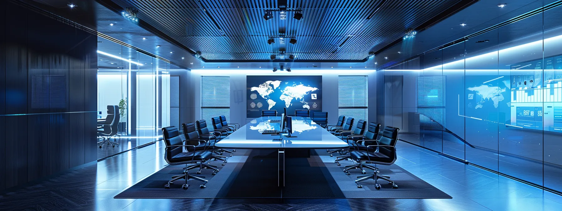 a futuristic conference room bathed in soft, ambient light showcases sleek, high-tech screens displaying virtual participants in an immersive augmented reality setup, symbolizing the evolution of enterprise collaboration in the age of ai.