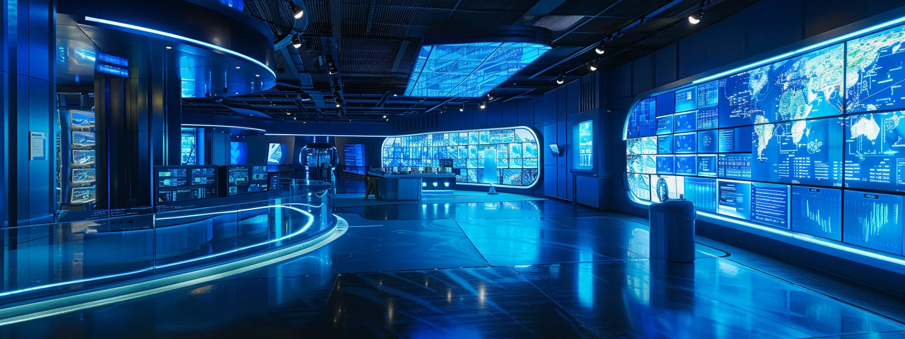 a futuristic data center, bathed in cool blue light, showcases advanced predictive analytics technology with glowing screens displaying real-time analytics and automated modeling tools, symbolizing the transformative impact of ai and machine learning on enterprise decision-making.