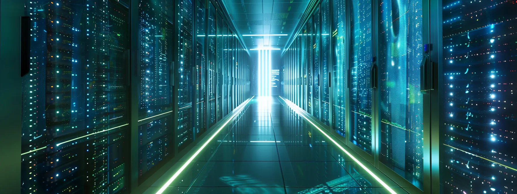 What You Need to Know About Network Virtualization 13 a futuristic data center illuminated by soft blue and green lighting showcases virtual server clusters encased in a transparent protective layer, symbolizing advanced security measures in network virtualization.