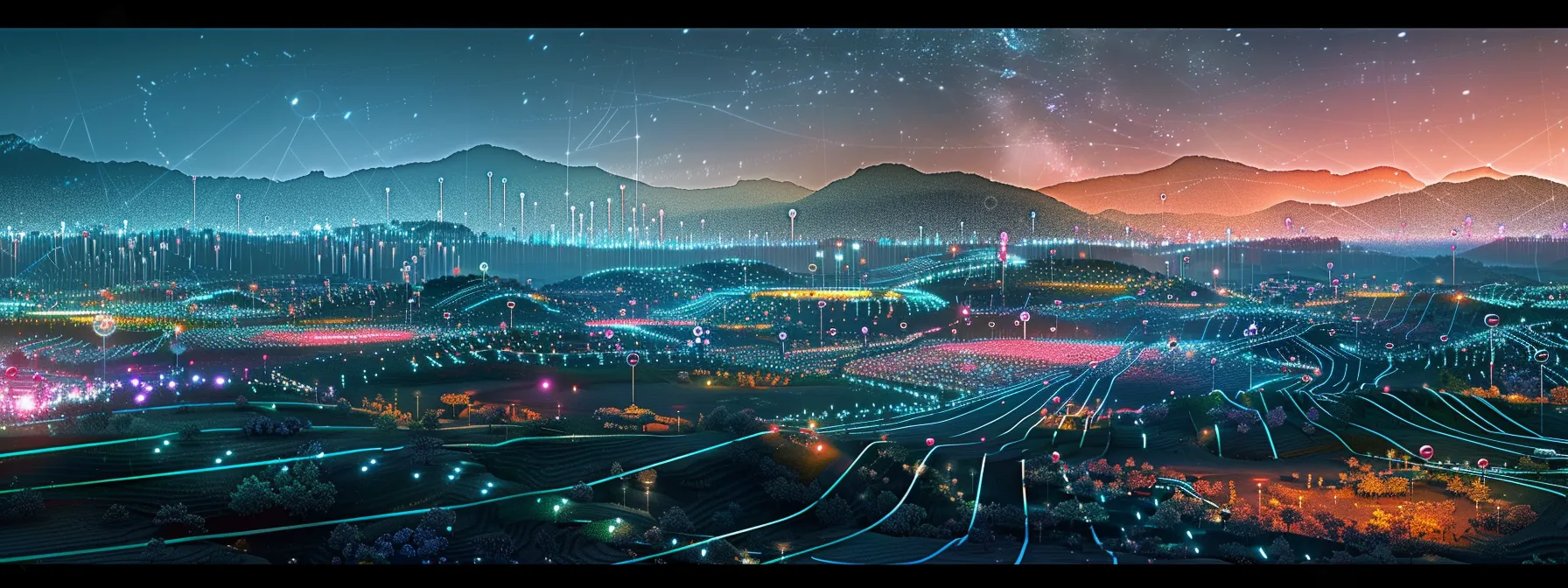 a futuristic digital network landscape glows with vibrant colors, illustrating the dynamic integration of ai and machine learning within cloud-based solutions, with interconnected nodes symbolizing seamless communication and advanced technology.