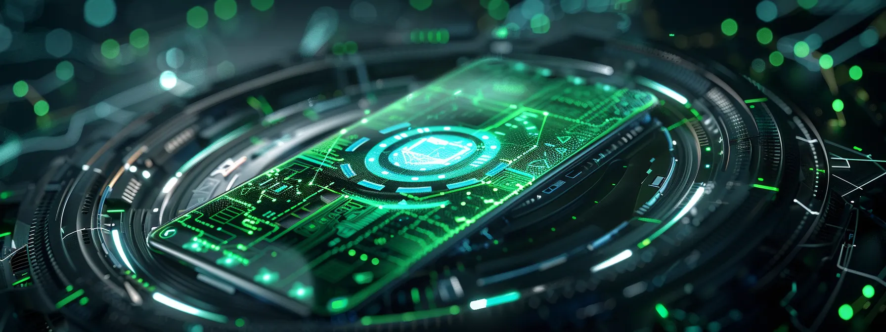 a futuristic mobile device surrounded by a dynamic digital shield, illuminated by soft blue and green lights, symbolizing advanced ai-driven security technologies protecting against cyber threats.