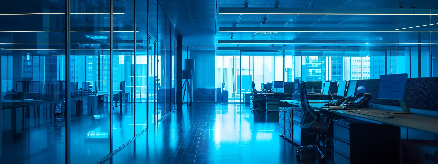 a futuristic office environment bathed in soft blue light, showcasing advanced technology integrating ai and machine learning, symbolizing enhanced security and streamlined it processes for remote work.