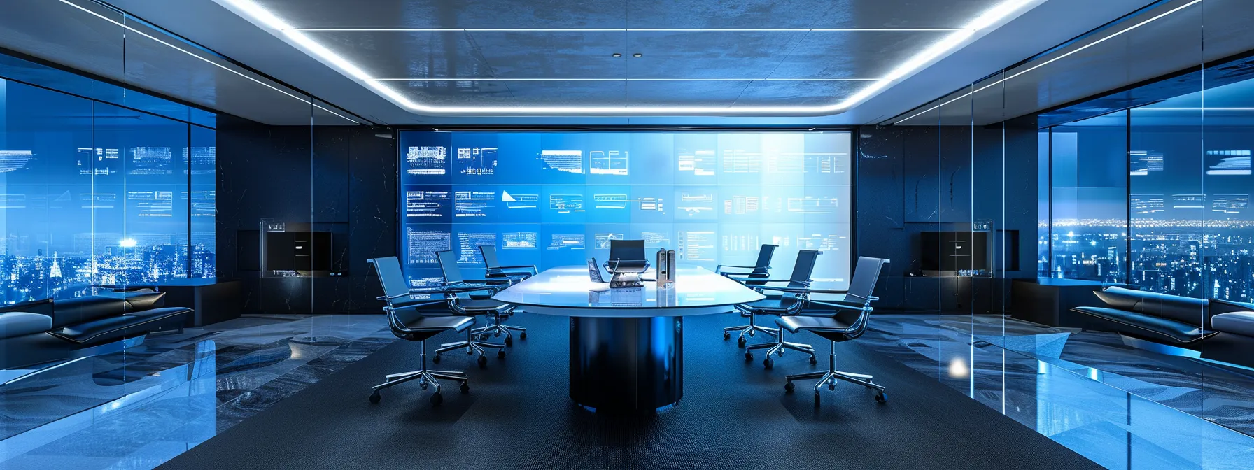 a futuristic office environment filled with digital screens displaying data analytics, where a diverse group of executives collaboratively strategizes around a sleek conference table, illuminated by soft blue and white lighting to emphasize innovation and teamwork.