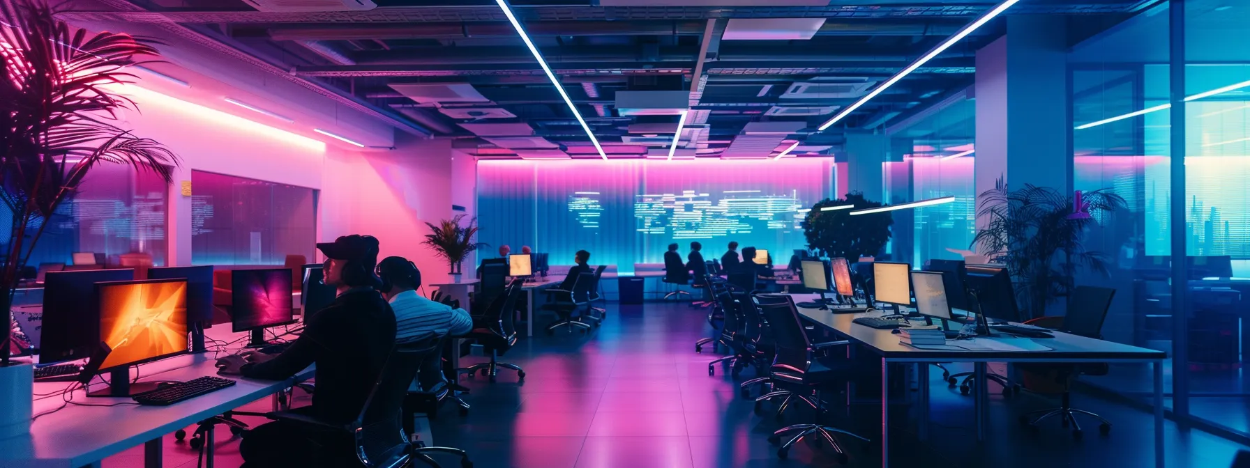 a futuristic office space, illuminated by soft, ambient lighting, showcases an array of advanced digital tools seamlessly integrated into business operations, symbolizing the essence of digital transformation and innovation.