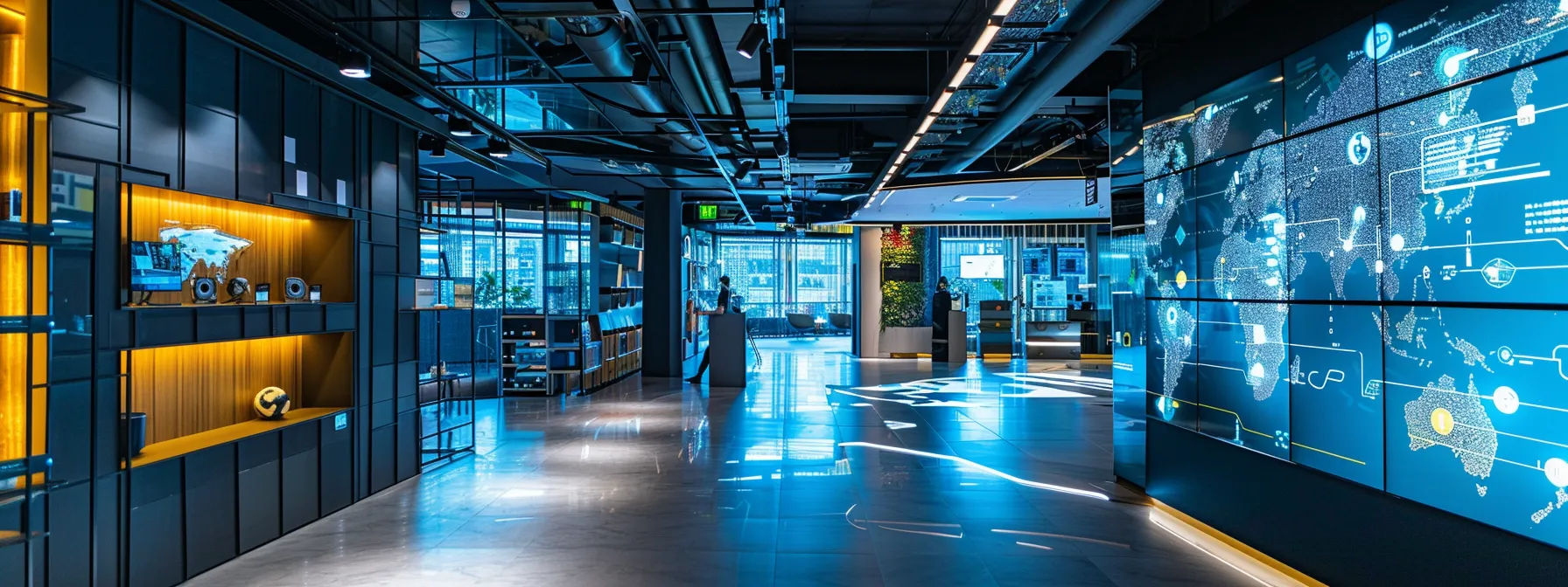 a futuristic office space illuminated by soft, ambient lighting showcases advanced ai interfaces and data analytics displays, symbolizing the transformative impact of innovative technologies on enterprise operations.