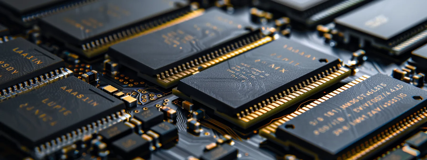 a high-tech close-up of various flash memory chips, showcasing the intricate patterns and structures of slc, mlc, tlc, and qlc technologies, illuminated by soft, focused lighting to highlight their advanced architecture against a sleek, dark background.