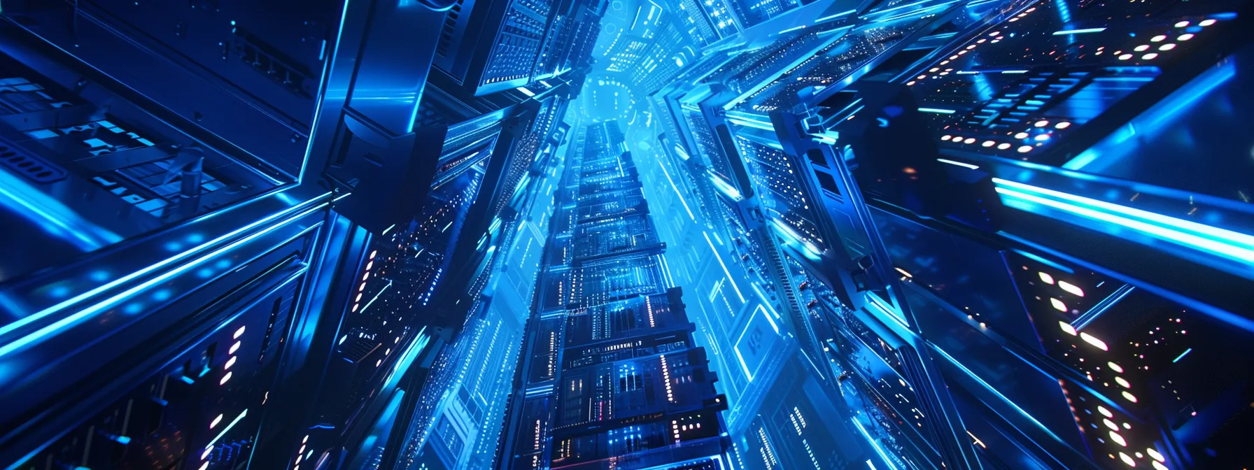 a high-tech server room bathed in cool blue lighting showcases densely packed, sleek virtualized servers, symbolizing the cutting-edge advancements in server virtualization technologies.