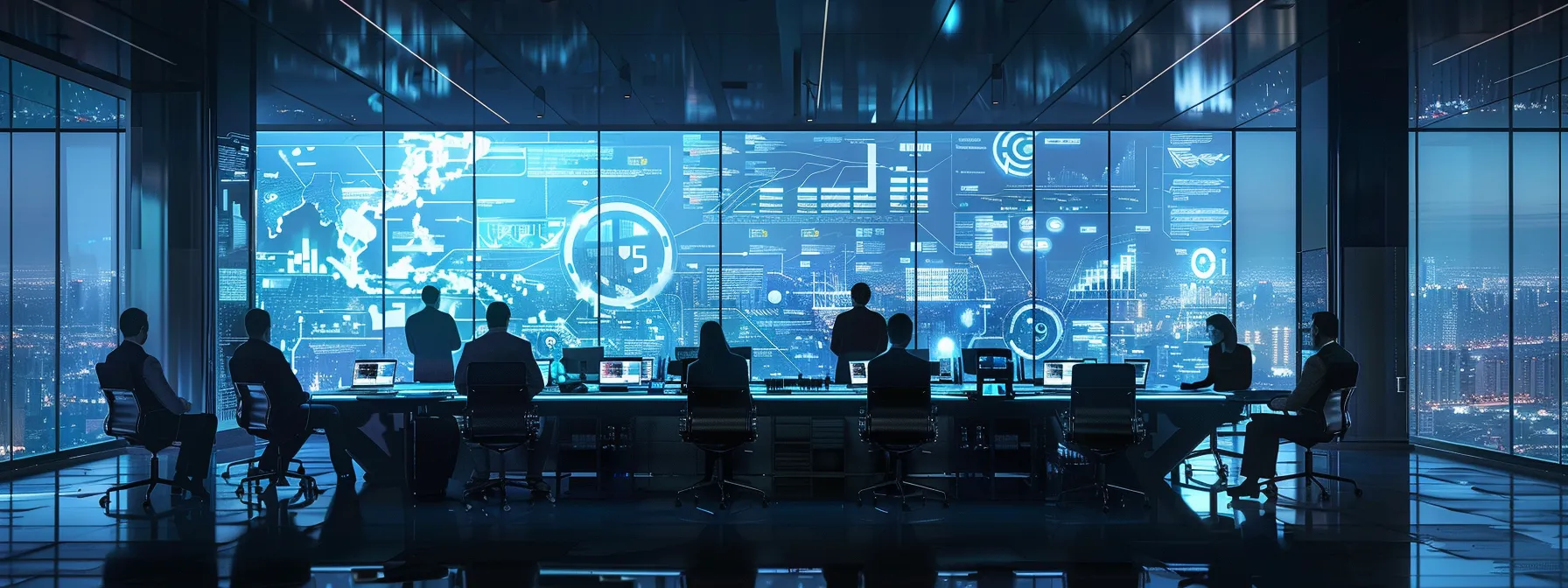 a modern corporate office bathed in natural light, showcasing a diverse team collaborating around a sleek conference table, with digital dashboards displaying vibrant ai-driven analytics and innovative software solutions in the backdrop.