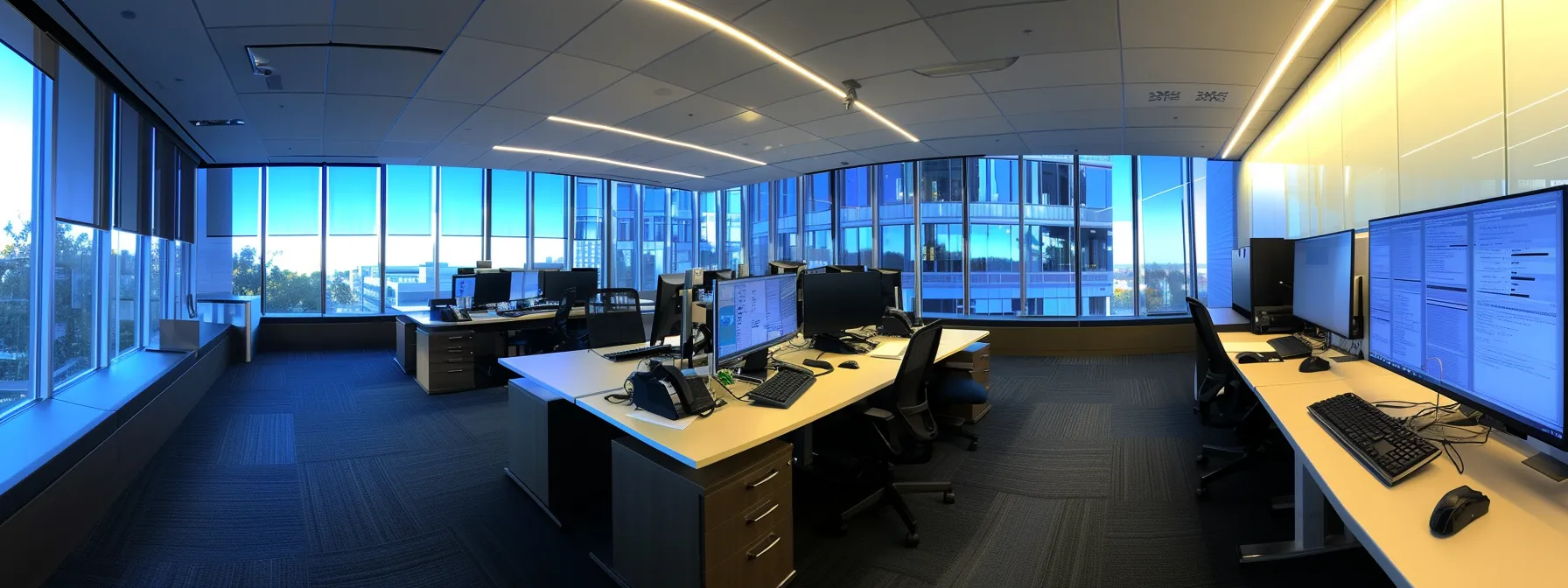 a modern office environment featuring sleek technology and cloud computing visuals, illuminated by dynamic lighting to symbolize enhanced productivity and seamless customer experiences through digital transformation.