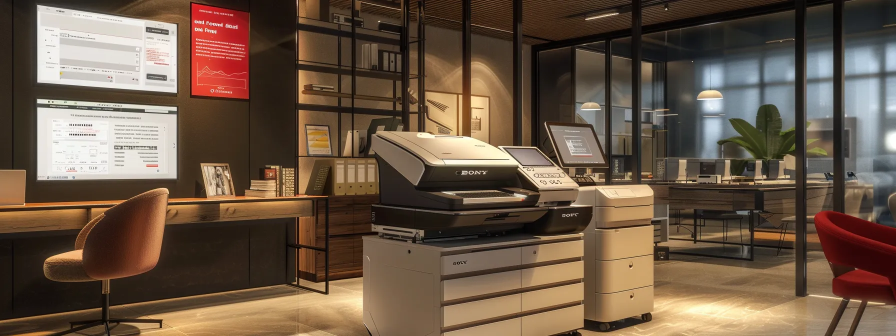 a modern office environment showcases a sleek, multifunctional copier surrounded by vibrant digital displays highlighting its advanced features, with bright ambient lighting enhancing its user-friendly interface.