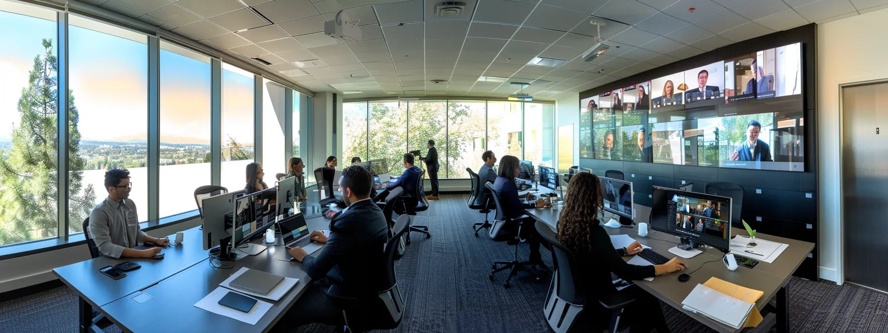 Understanding UCaaS: A Comprehensive Guide to Unified Communications as a Service 11 a modern office space featuring diverse team members engaged in a vibrant video conference, seamlessly collaborating through integrated communication tools on sleek devices, illuminated by natural light streaming through large windows.