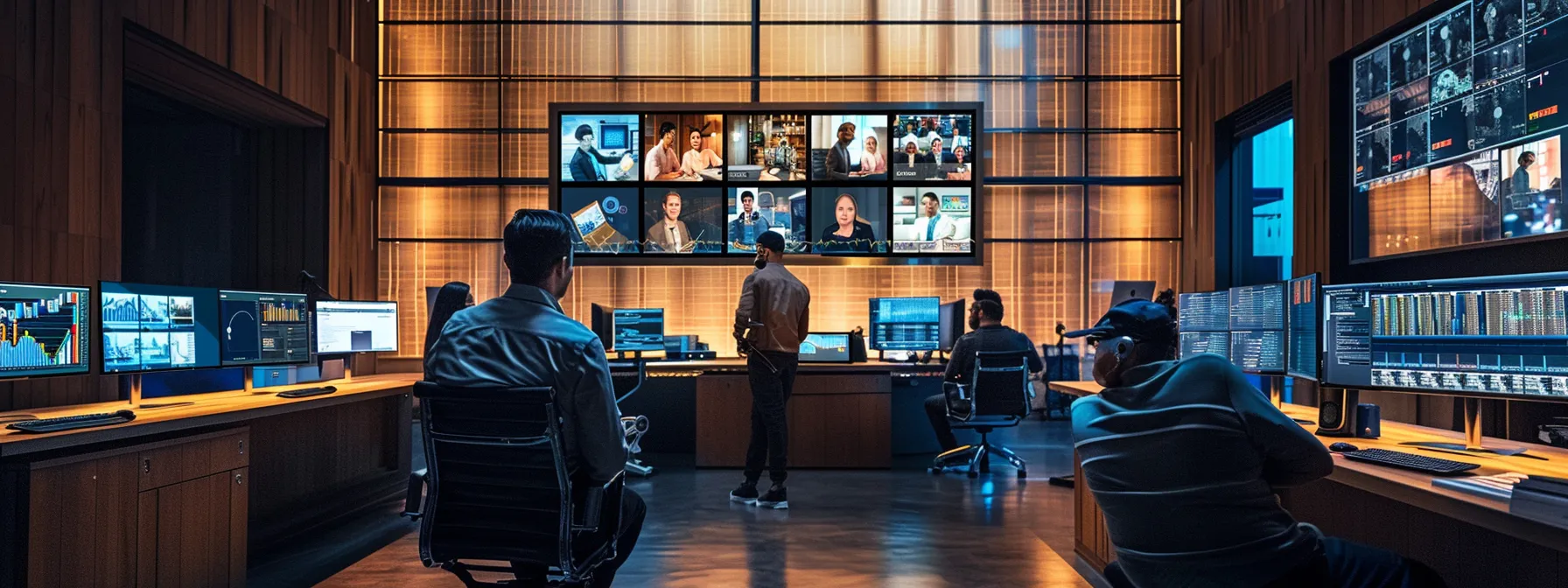 a modern, sleek office environment showcases a diverse group of professionals engaged in a lively video conference, surrounded by multiple screens displaying various conferencing tools, emphasizing collaboration and technology integration.