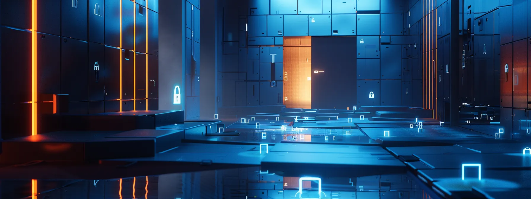 a powerful visual of a digital fortress, symbolizing data protection, surrounded by glowing locks and encrypted codes, bathed in an ethereal blue light to emphasize security and privacy.