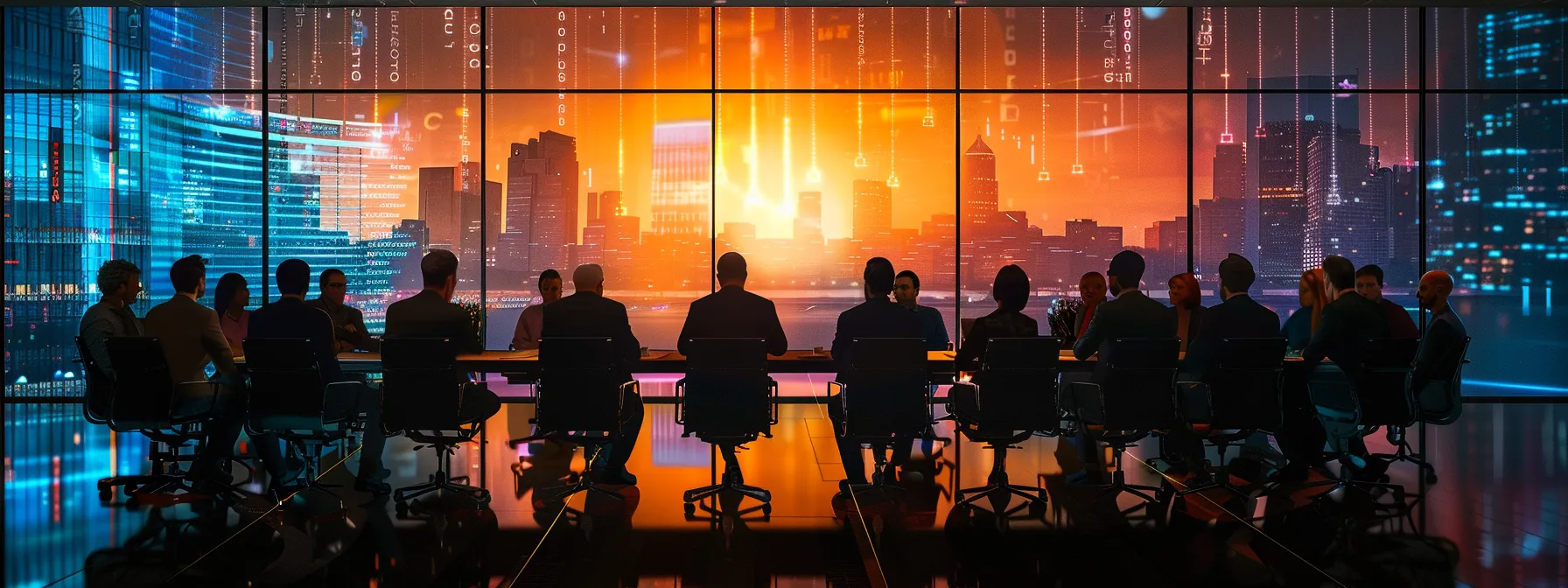 a powerful visual of a futuristic boardroom filled with diverse professionals engaged in a deep discussion, illuminated by digital screens displaying complex ai data and ethical compliance charts, conveying the critical evaluation of risks in enterprise ai.