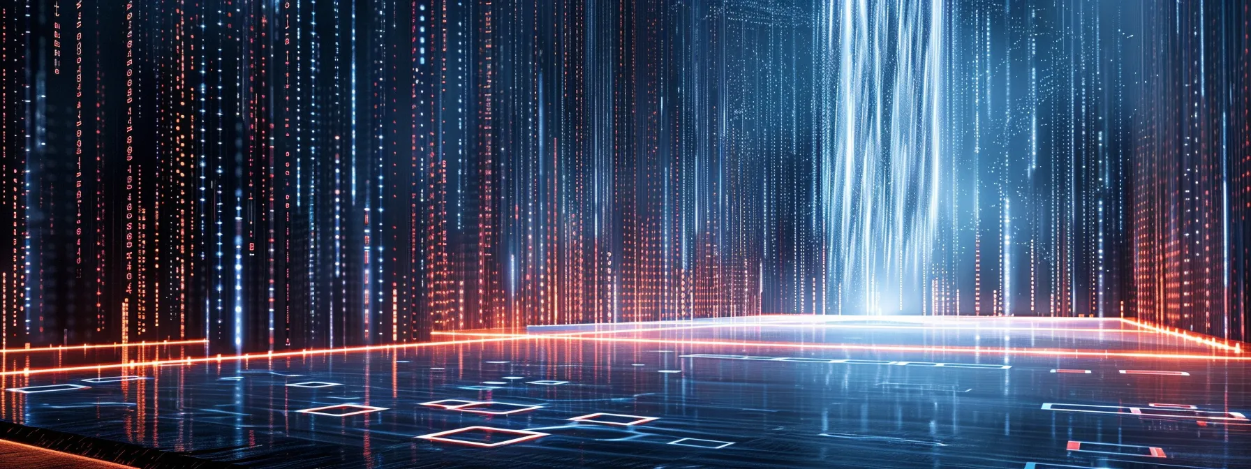 a secure digital landscape featuring glowing encryption codes cascading like waterfalls, symbolizing the robust layers of data protection and confidentiality in a modern, high-tech environment.