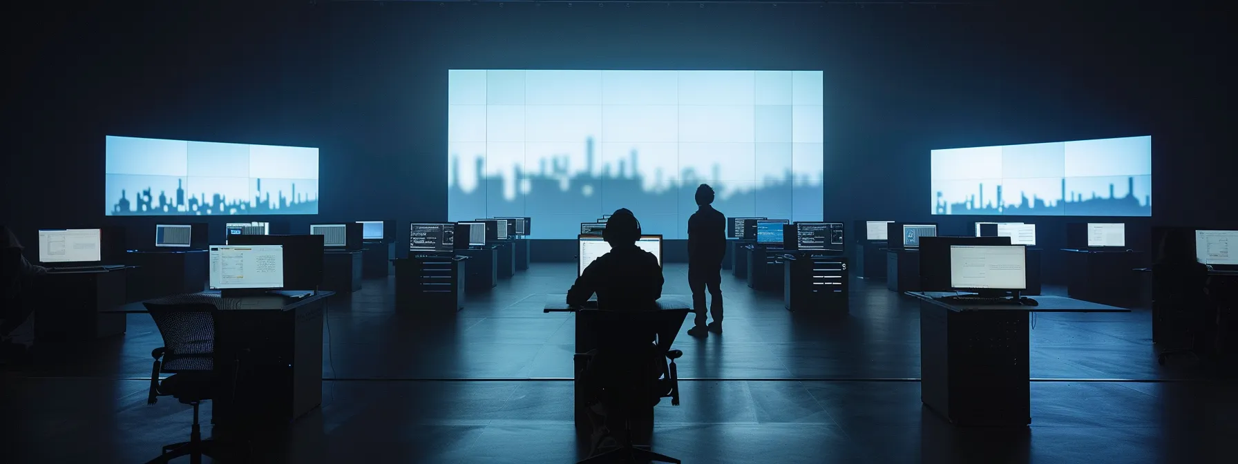 a shadowy digital landscape, illuminated by flickering computer screens, reveals phantom figures representing data breaches and phishing threats, emphasizing the urgency of proactive cybersecurity measures in a high-stakes environment.