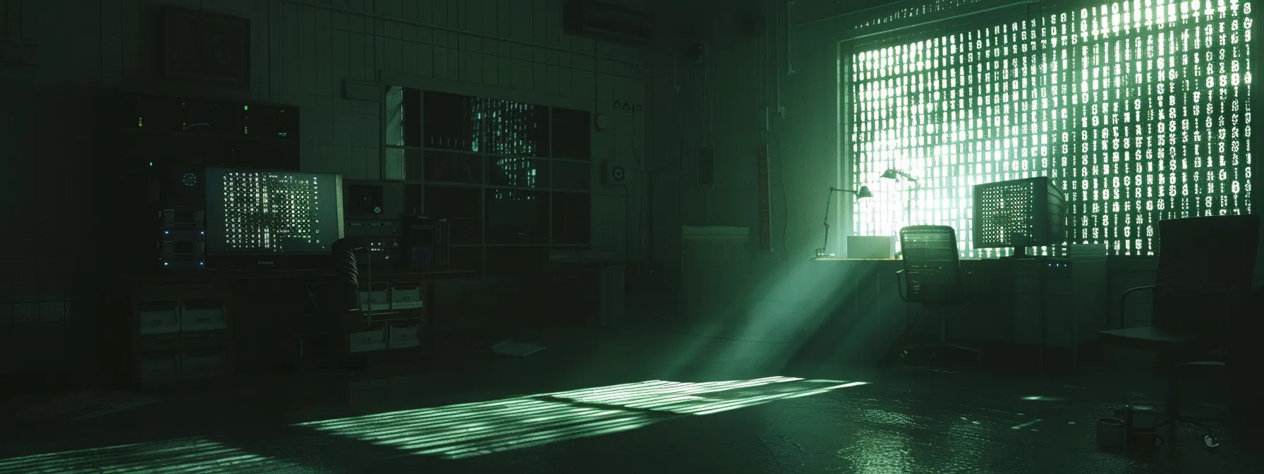 a shadowy digital landscape illuminated by glowing binary code, symbolizing the insidious infiltration and encryption of files by ransomware, with an ominous command center lurking in the background.