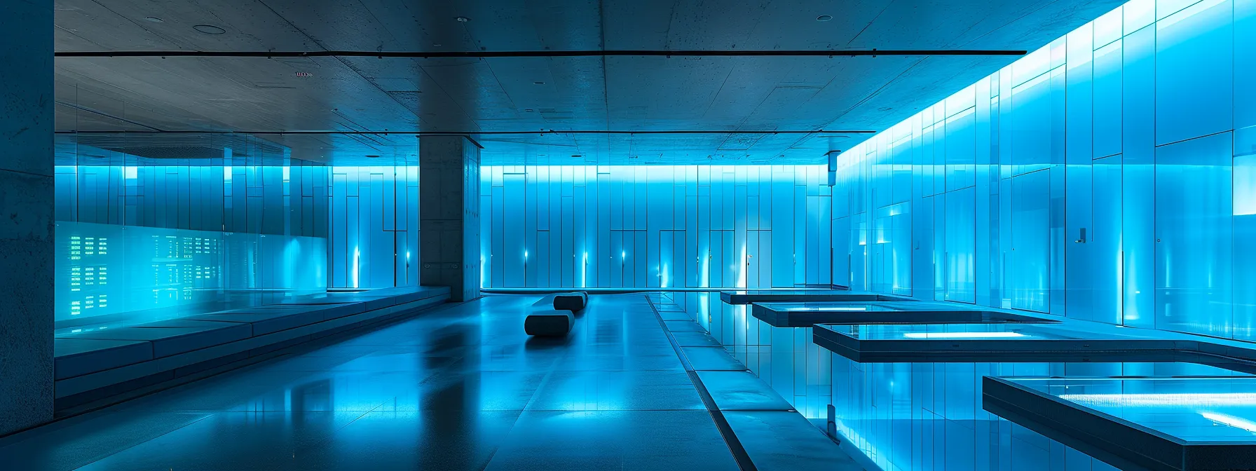 a sleek, futuristic data center bathed in cool blue light, showcasing rows of illuminated servers and digital dashboards, symbolizing the optimization of data storage solutions for efficient access and business growth.