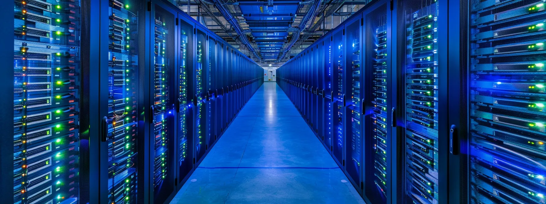 What You Need to Know About Network Virtualization 11 a sleek, futuristic data center illuminated by vibrant blue and green lights, showcasing advanced virtual network technologies in action, symbolizes the transformative power of network virtualization for agility and cost efficiency in it operations.