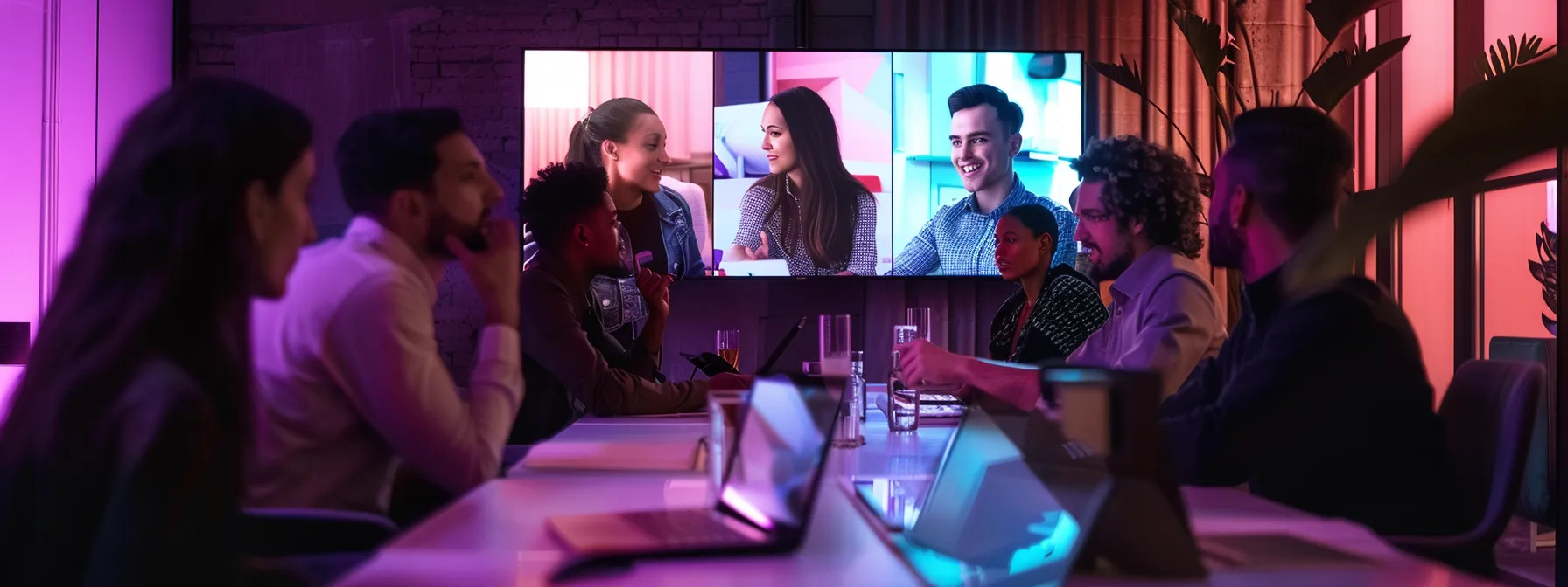 a sleek, modern conference room illuminates with soft, warm lighting as a group of diverse professionals engage in a lively video meeting, their expressions reflecting collaboration and focus amidst vibrant digital screens displaying clear visuals and interactive tools.